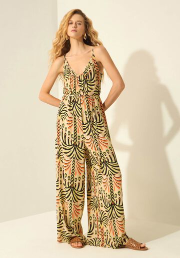 Macacão Longo Estampado Com Cinto Em Viscose, TROPICALIA BEGE. Macacão Longo Estampado Com Cinto Em Viscose, TROPICALIA BEGE, large.