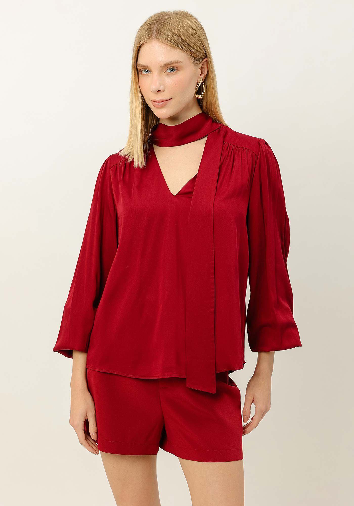 Blusa Manga Longa Ampla com Faixas Decote, , large.