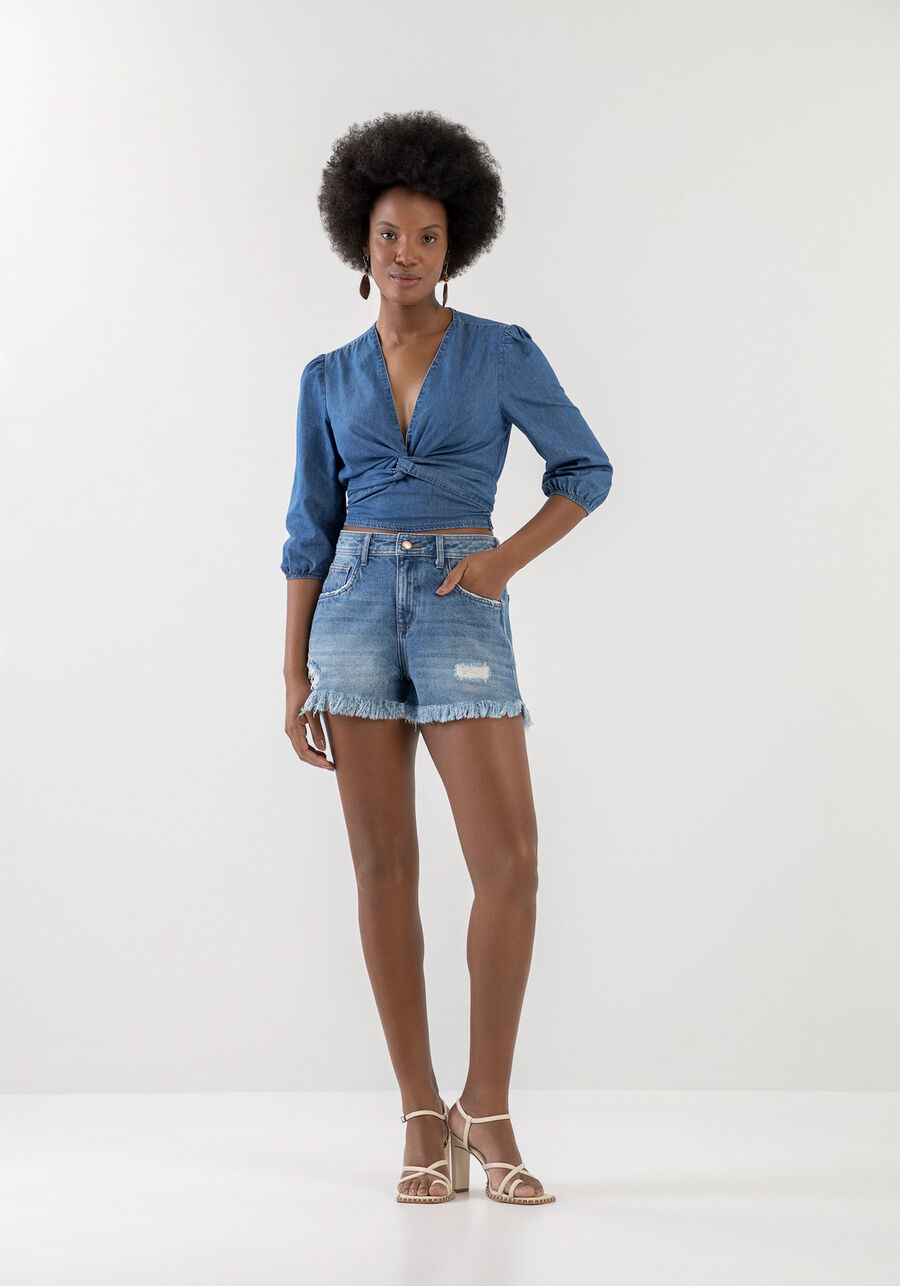 Shorts Jeans Comfort Cintura Média Destroyed, . Shorts Jeans Comfort Cintura Média Destroyed, , large.