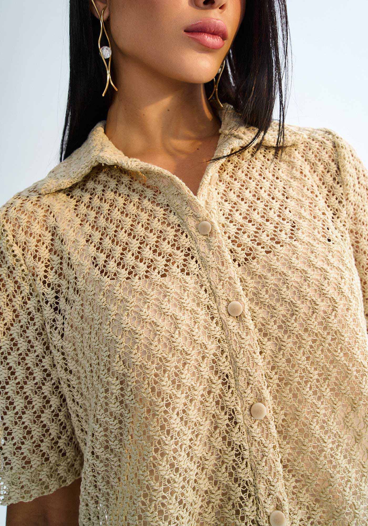 Camisa Manga Curta Cropped em Crochet com Blusa, , large.