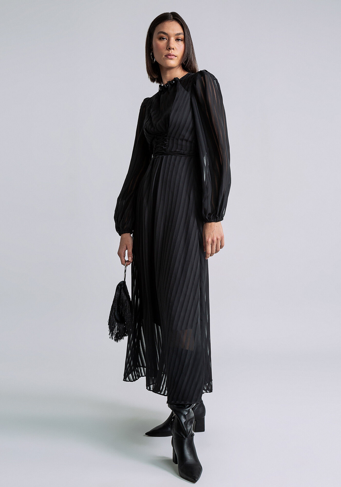 Vestido Manga Longa M&iacute;di Amarra&ccedil;&atilde;o, PRETO, large.