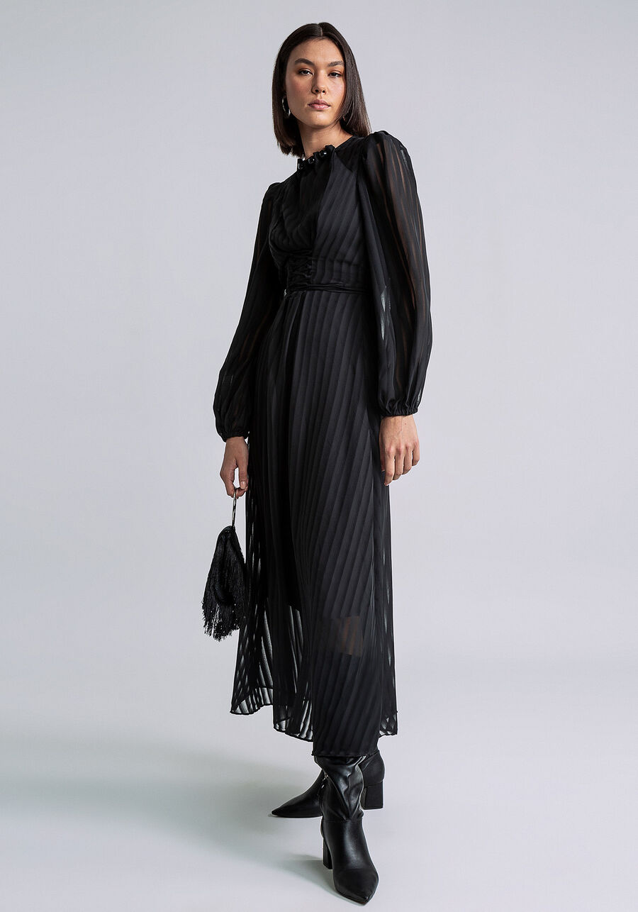 Vestido Manga Longa Mídi Amarração, PRETO. Vestido Manga Longa Mídi Amarração, PRETO, large.