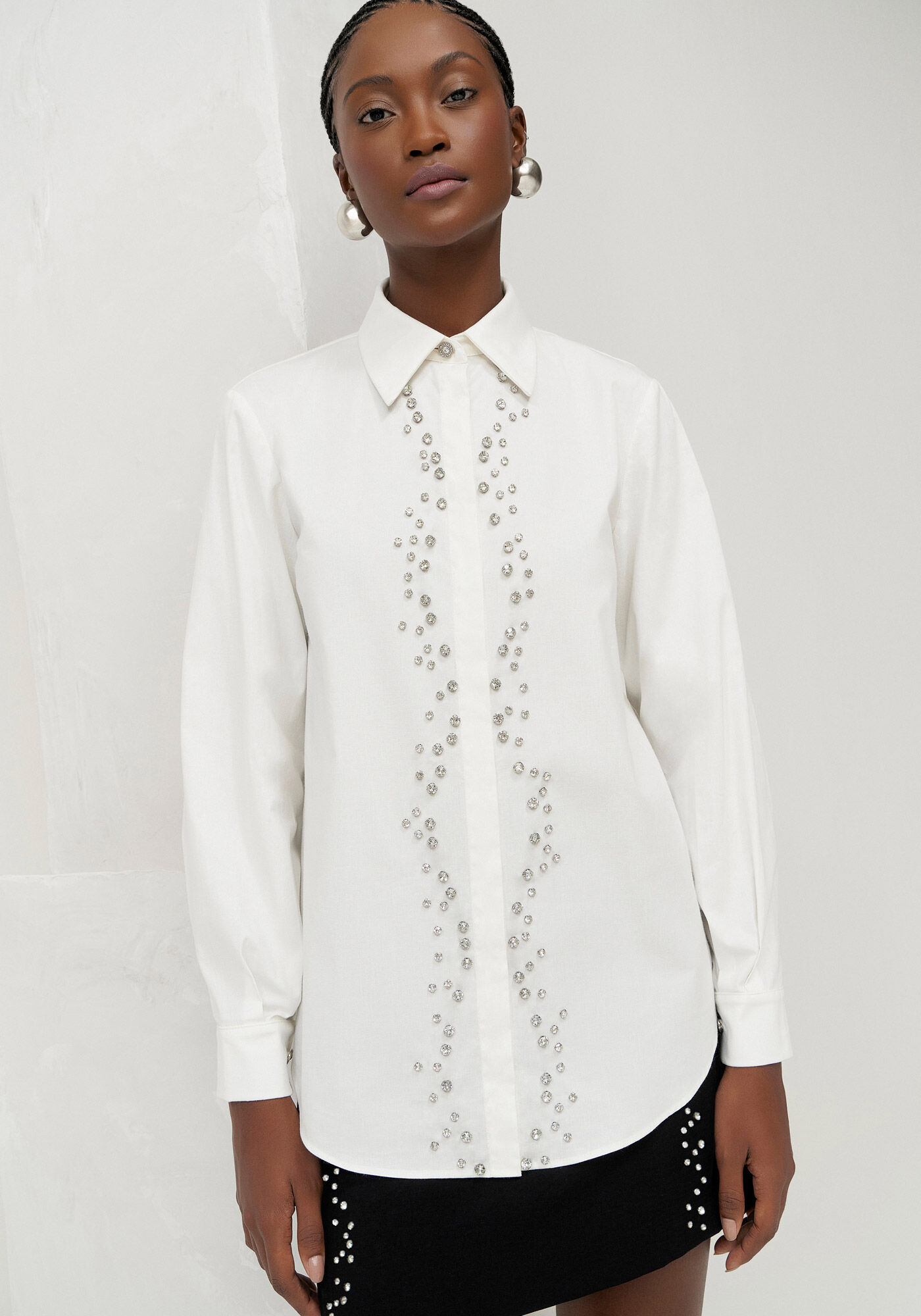 Camisa Manga Longa Off-White com Strass, BRANCO OFF WHITE, large.