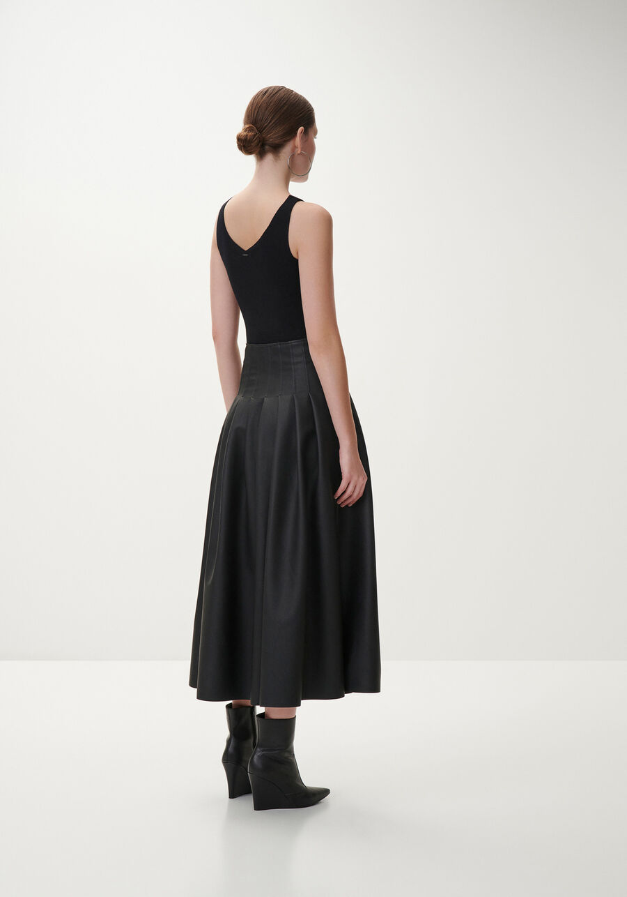 Saia Midi em PU com Pregas, . Saia Midi em PU com Pregas, , large.