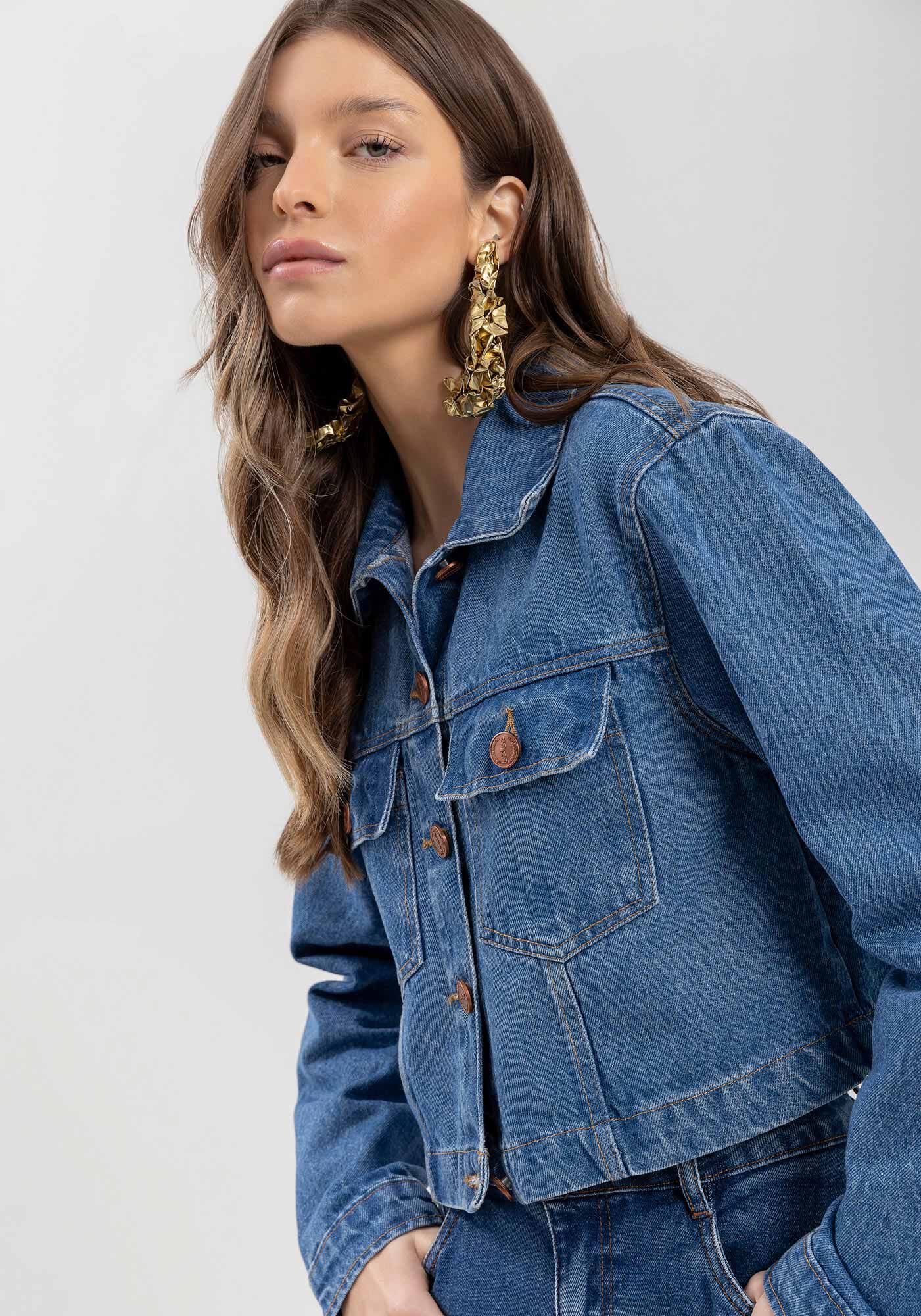 Jaqueta Jeans Curta Com Bolsos E Lapelas Frontais, , large.