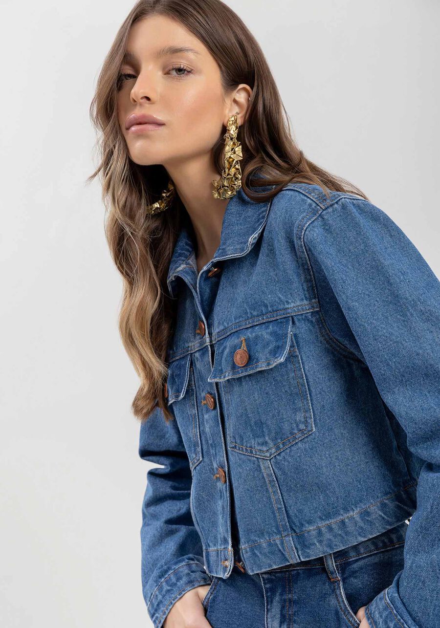 Jaqueta Jeans Curta Com Bolsos E Lapelas Frontais, . Jaqueta Jeans Curta Com Bolsos E Lapelas Frontais, , large.