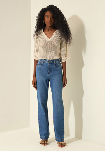 Calça Reta Jeans Com Cintura Alta E Elastano, JEANS. Calça Reta Jeans Com Cintura Alta E Elastano, JEANS, large.