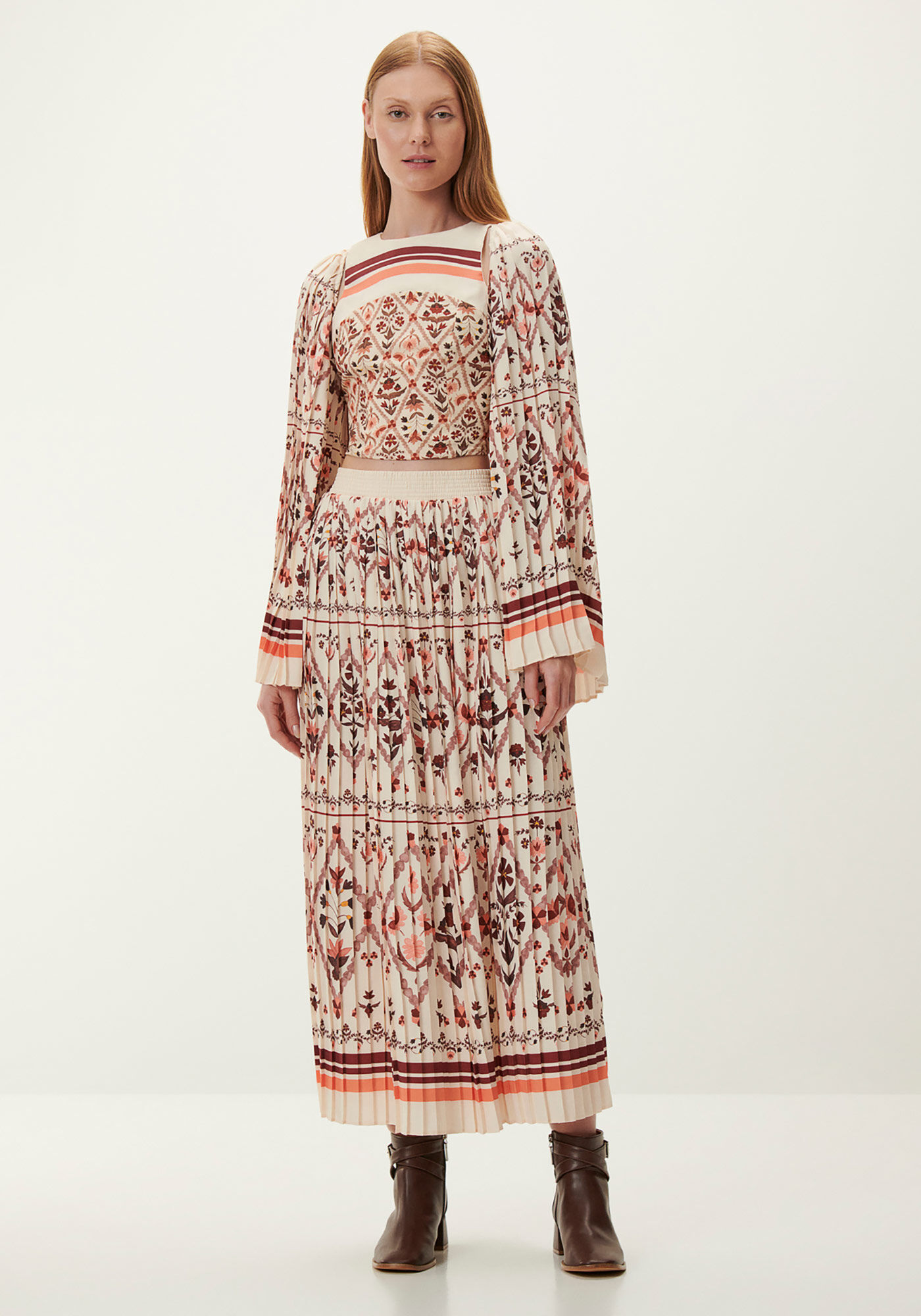 Saia Midi Plissada Estampada com Cintura Alta, CAPITONE, large.