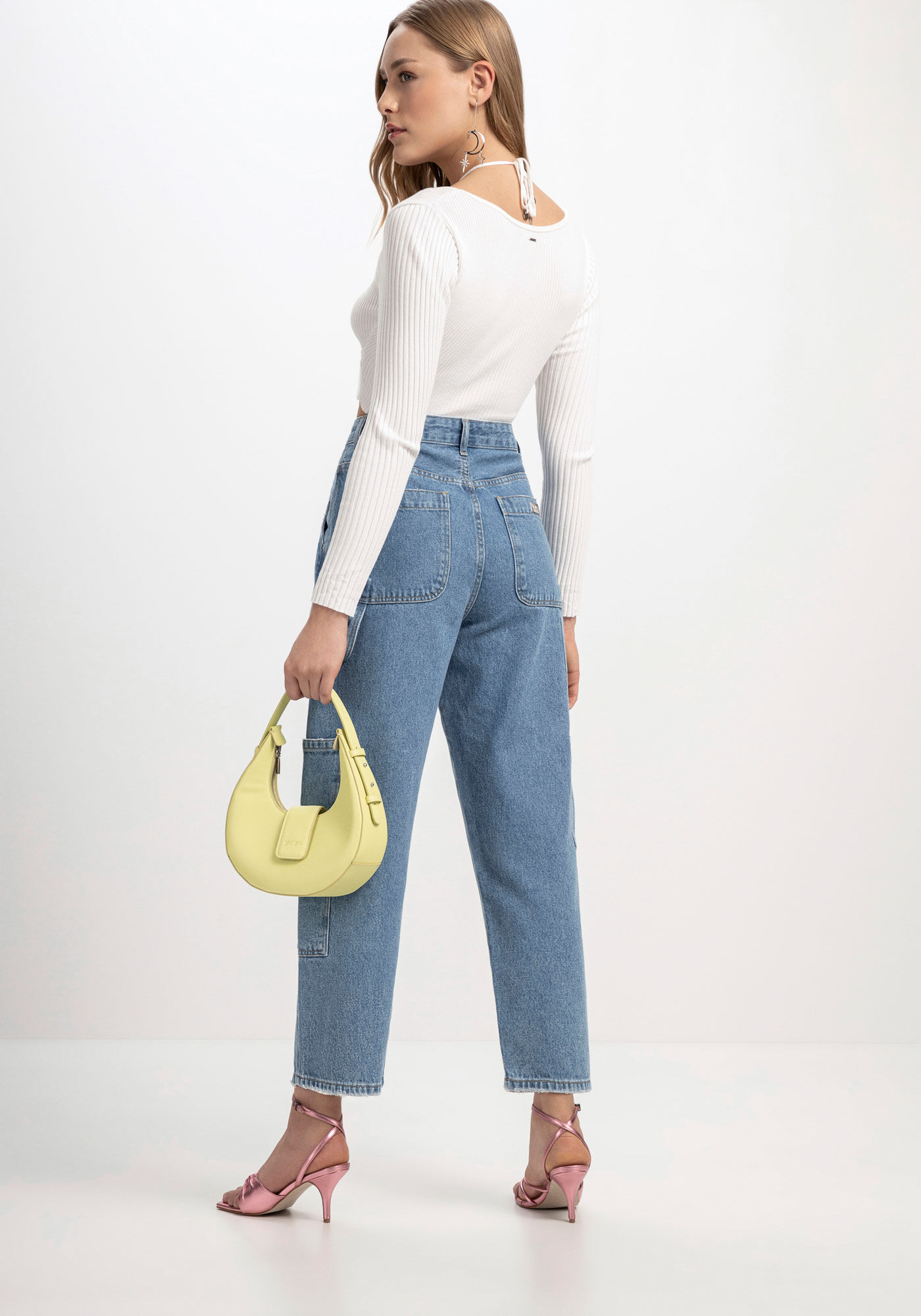 Cal&ccedil;a Jeans Cargo Reta Super Alta com Bolsos, , large.