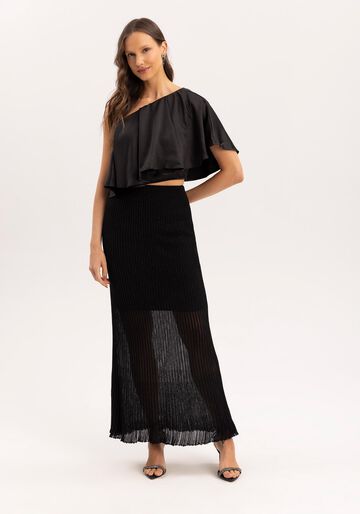 Blusa Cropped Um Ombro Só com Babado Sobreposto, PRETO. Blusa Cropped Um Ombro Só com Babado Sobreposto, PRETO, large.