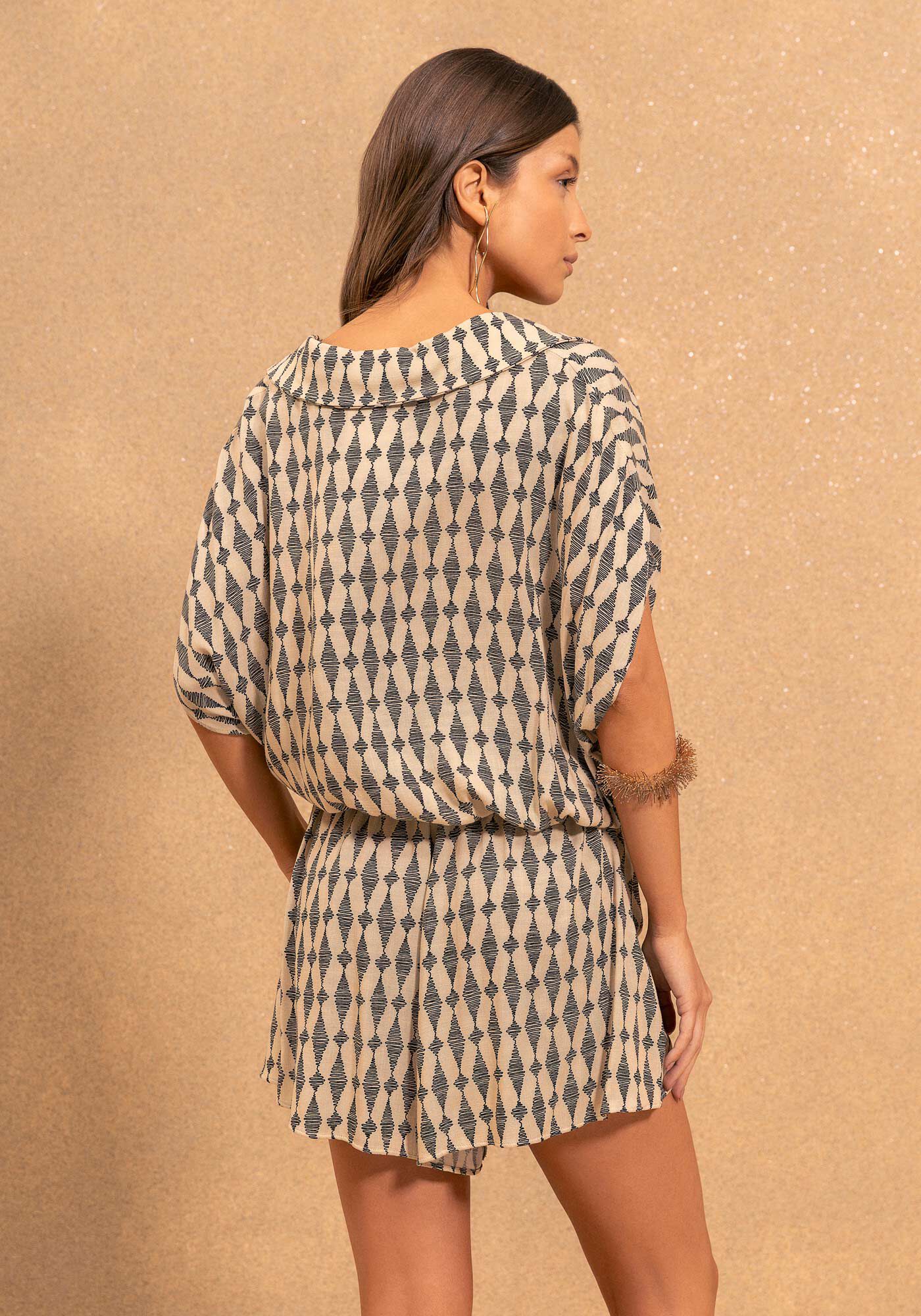 Shorts Estampado De Cintura Alta Com Passantes E Cord&atilde;o, CORDOES BEGE, large.