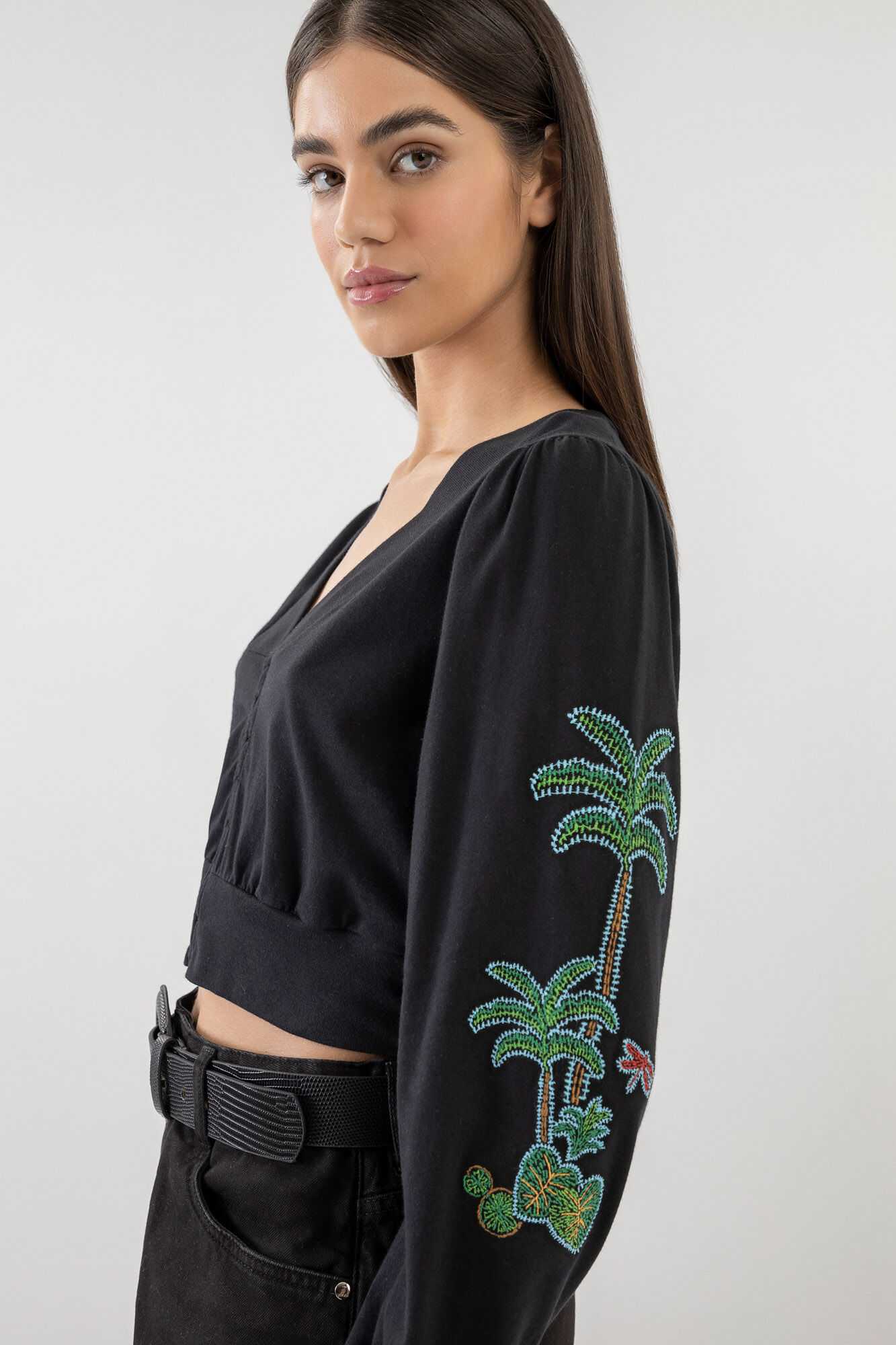 Blusa Manga Longa Bufante com Bordado, , large.