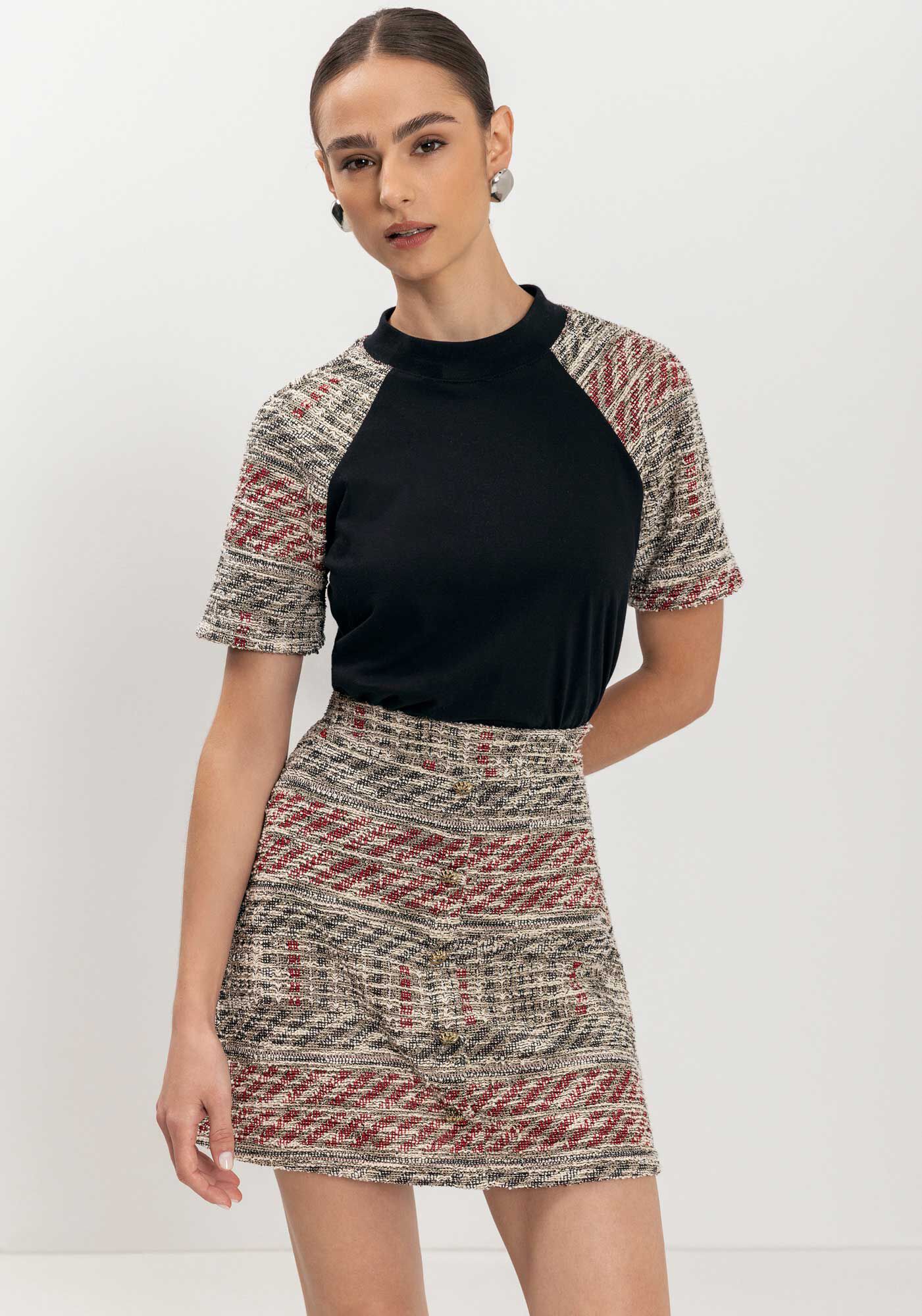 Blusa Em Malha De Algod&atilde;o Com Mangas Curtas Em Tweed, PRETO, large.