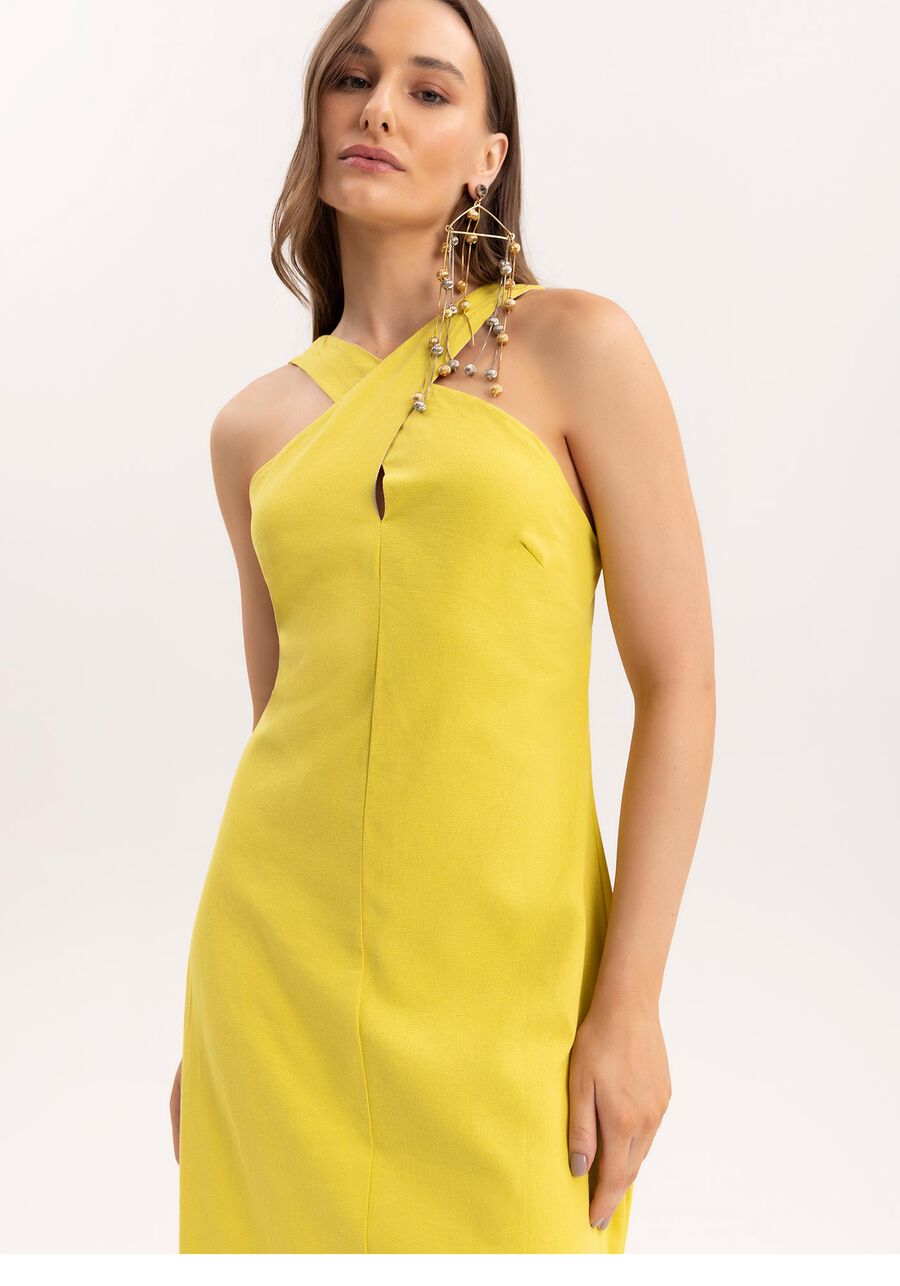 Vestido Midi em Linho com Decote Cross Neck, . Vestido Midi em Linho com Decote Cross Neck, , large.