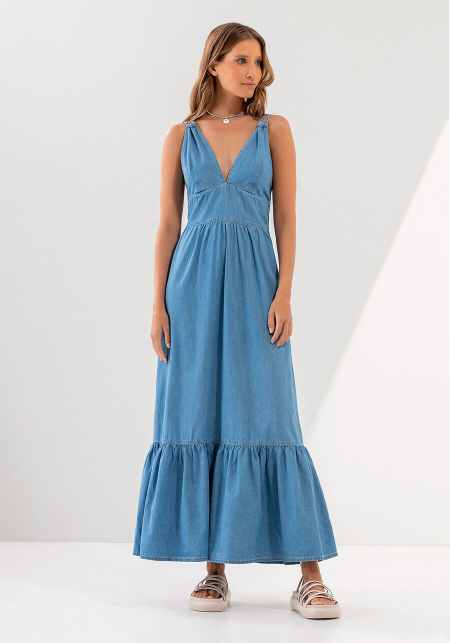Vestido Midi Jeans com Alças e Babado, JEANS. Vestido Midi Jeans com Alças e Babado, JEANS, large.