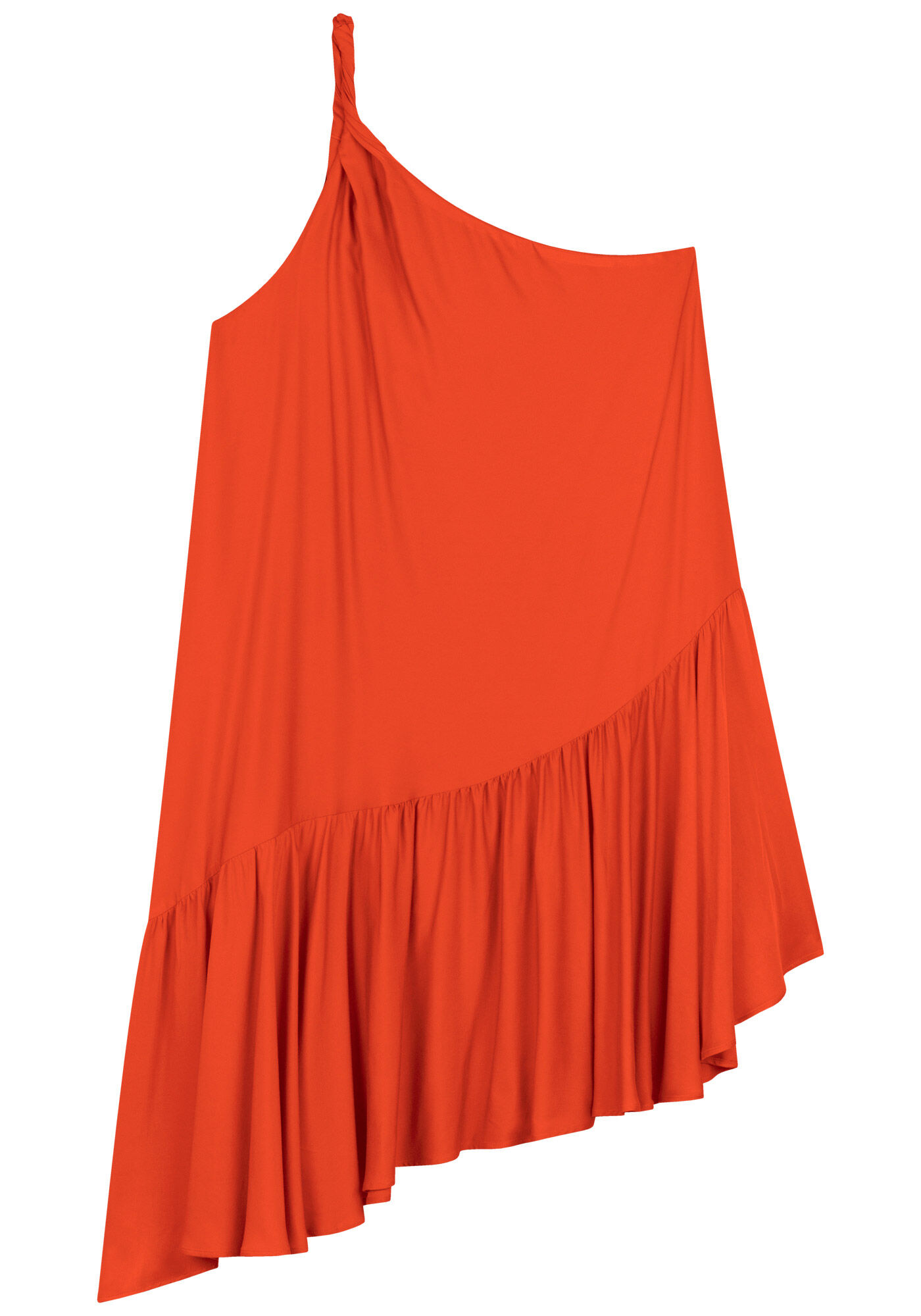 Vestido Curto Assim&eacute;trico De Um Ombro S&oacute; Em Viscose, LARANJA PAIXAO, large.