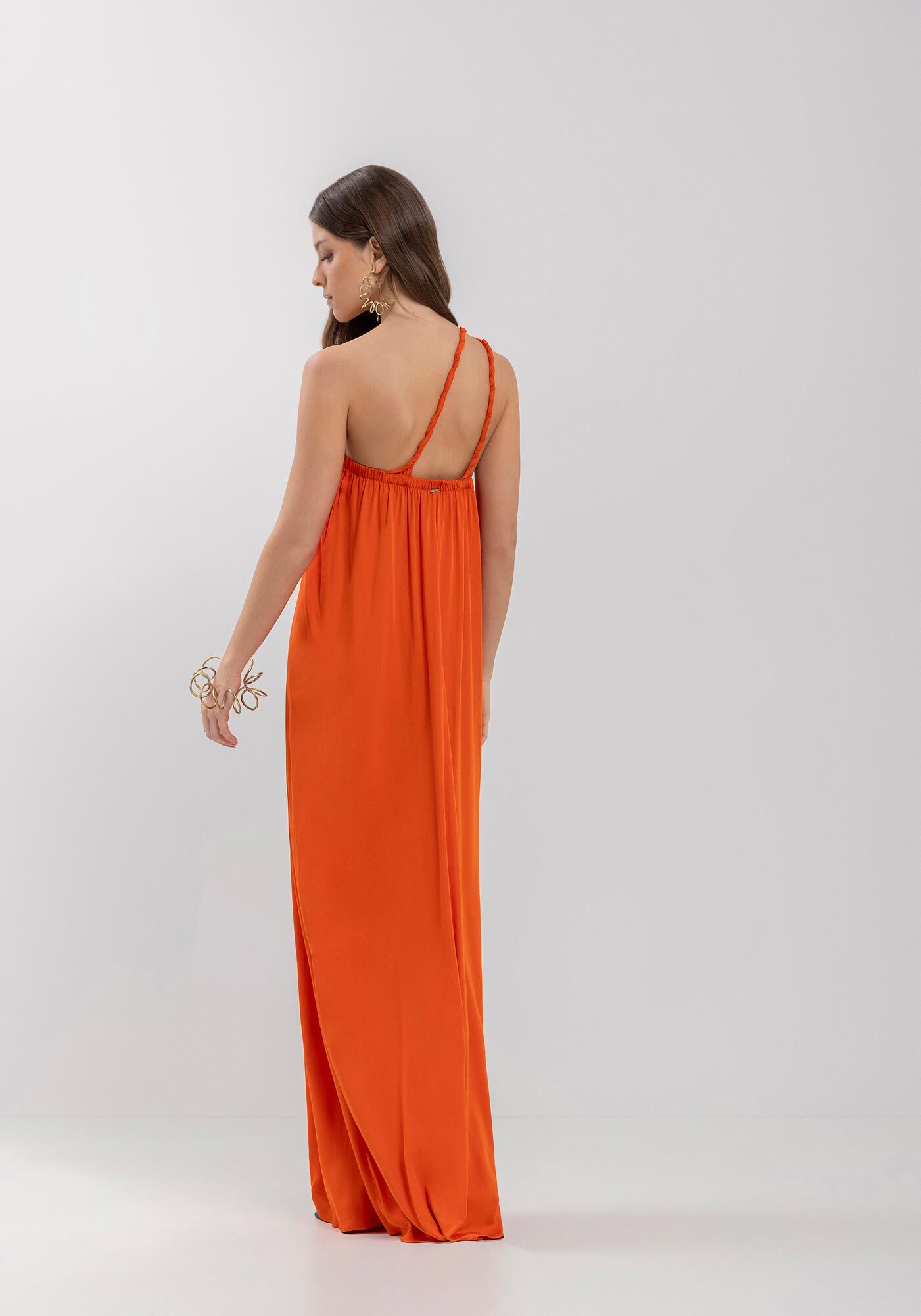 Vestido Longo De Um Ombro S&oacute; Em Viscose Com Flor Remov&iacute;vel, , large.