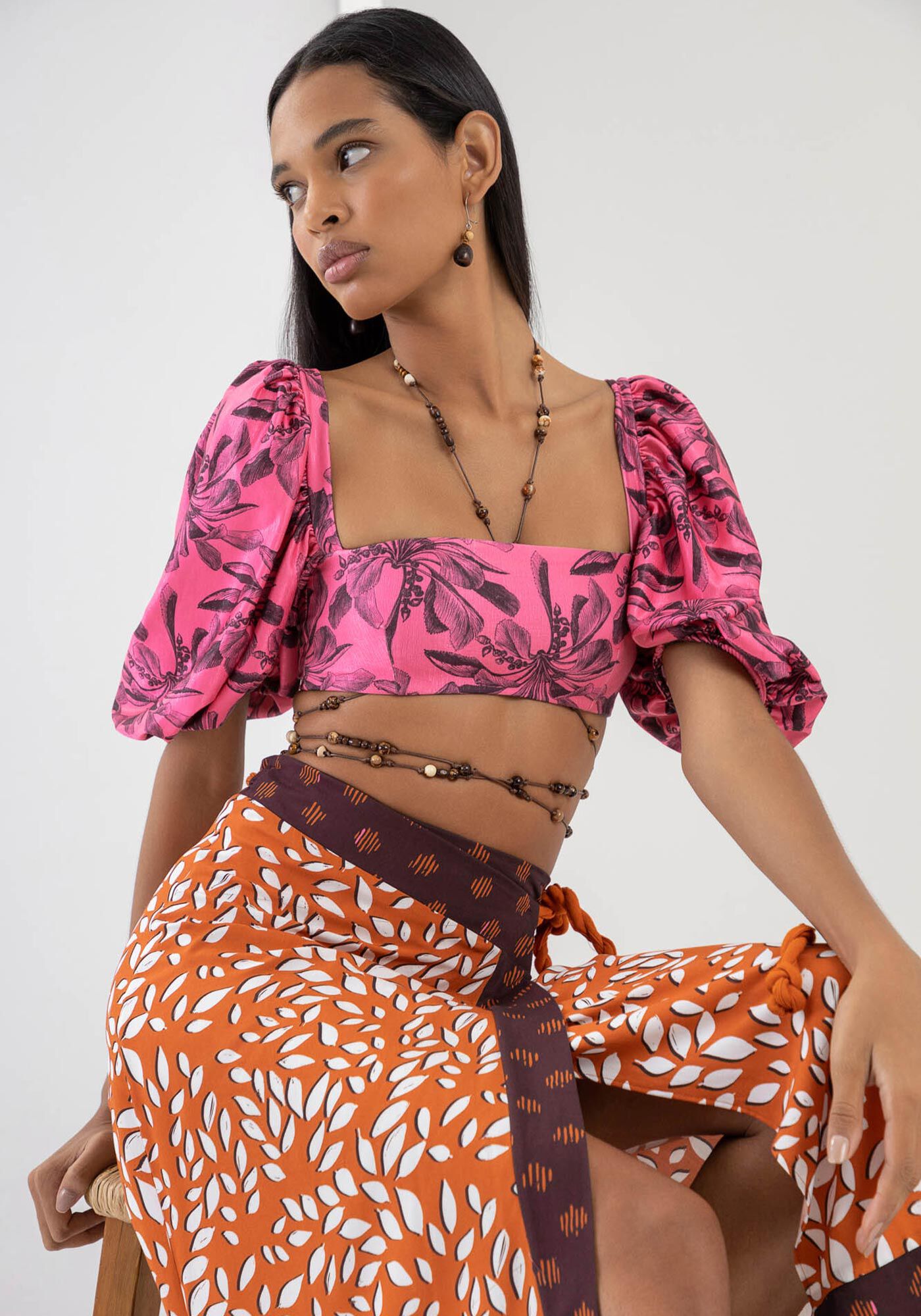 Saia Midi Transpassada em Viscose Estampada, , large.