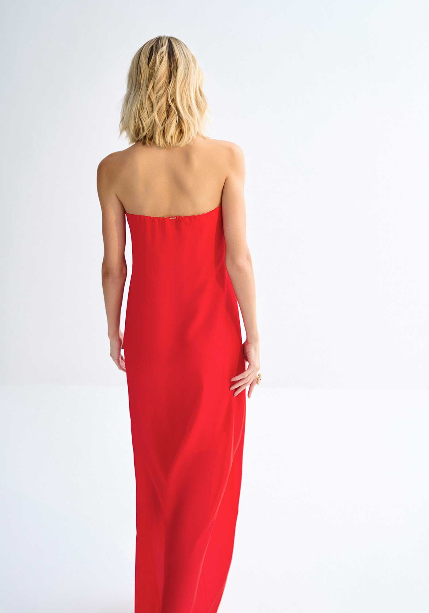 Vestido Longo Tomara que Caia em Chiffon com La&ccedil;o Decote, VERMELHO REDDISH, large.