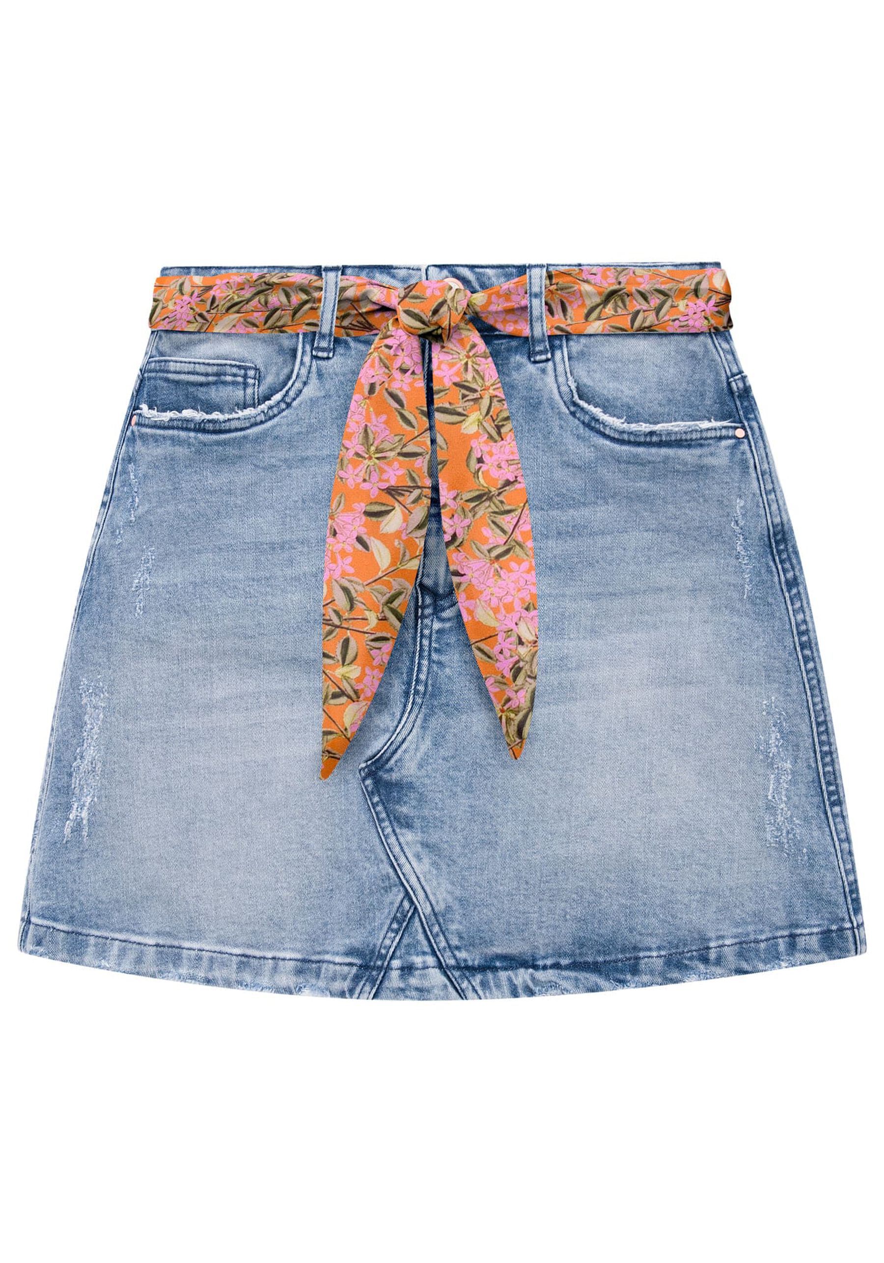 Saia Curta Jeans com Faixa Estampada, JEANS. Saia Curta Jeans com Faixa Estampada, JEANS, large.