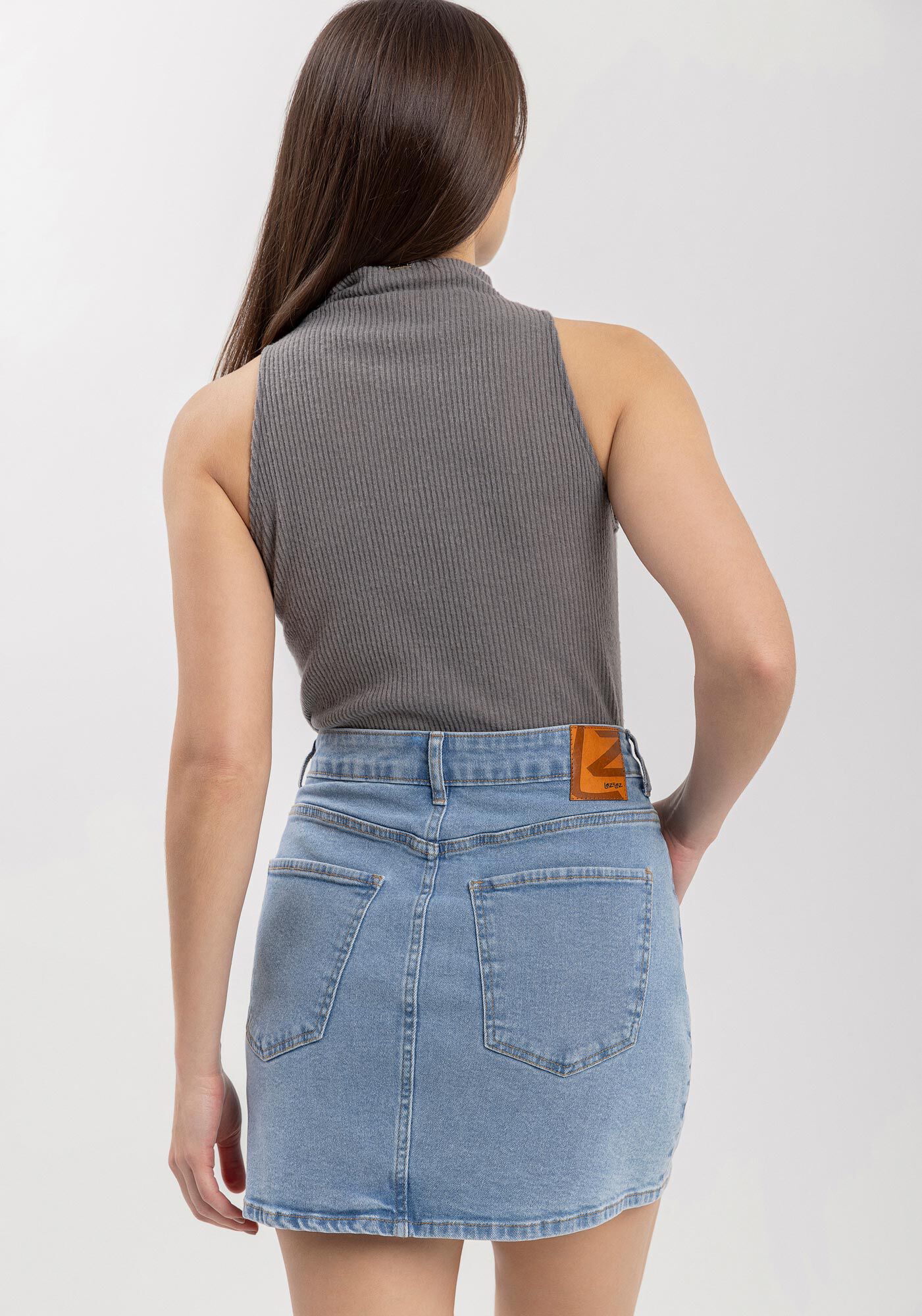 Saia Jeans Curta Com Cintura Alta E Bolsos Funcionais, , large.