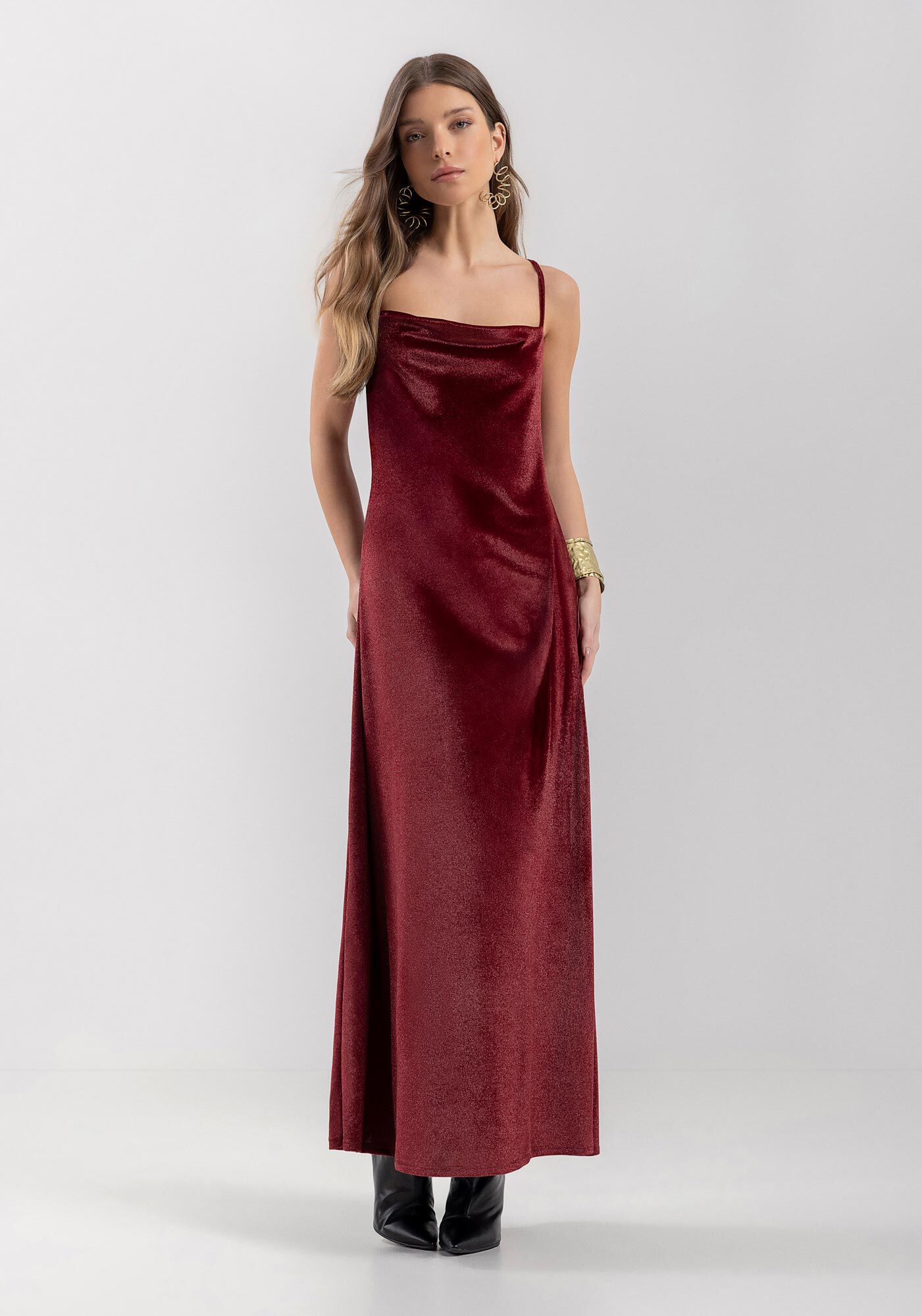 Vestido Longo De Al&ccedil;as Em Malha De Veludo, VERMELHO FLAMBOYANT, large.