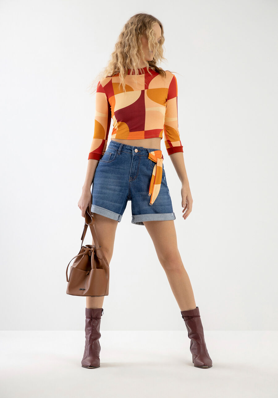 Shorts Jeans Boyfriend com Lenço Estampado, . Shorts Jeans Boyfriend com Lenço Estampado, , large.
