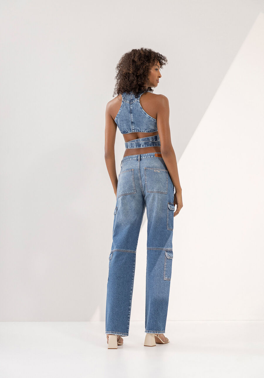 Blusa Jeans Cropped com Decote Transpassado, JEANS, large.
