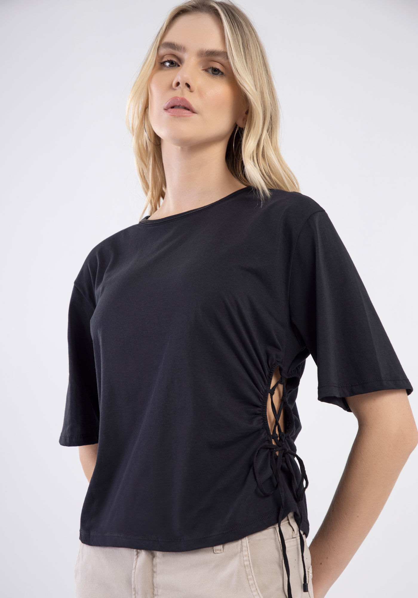 T-shirt Oversized Estampada com Detalhe Lateral, , large.