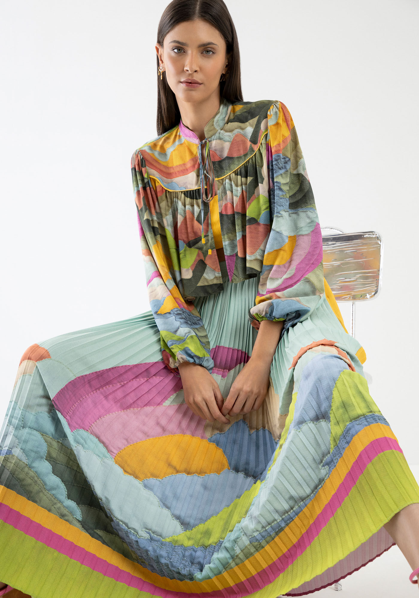 Saia Midi Evas&ecirc; Plissada Estampada, , large.