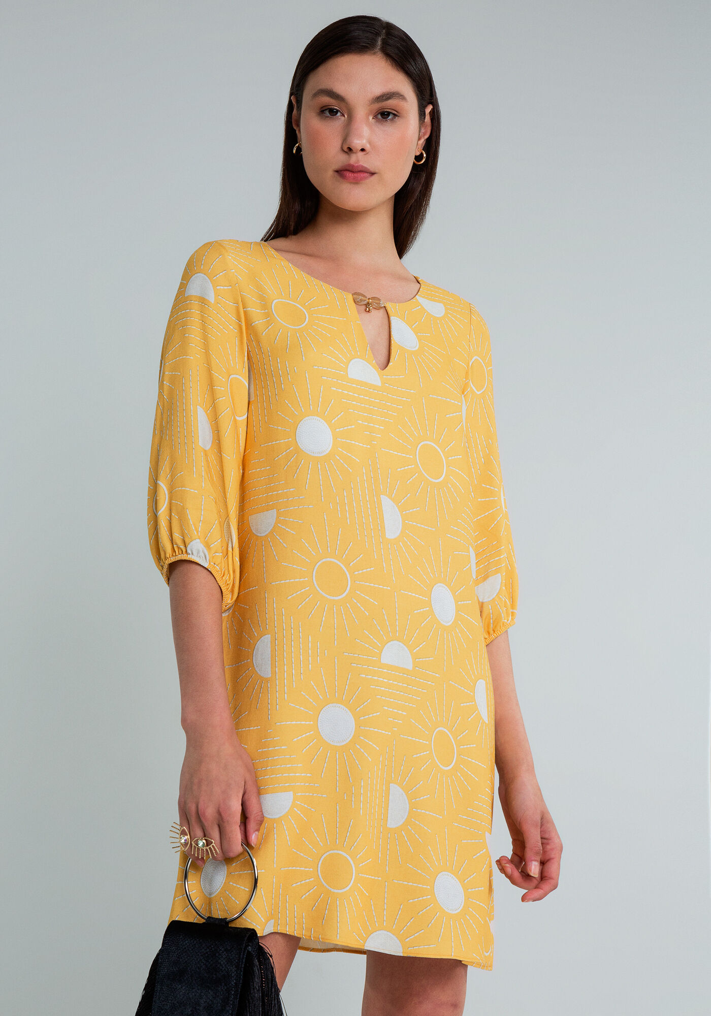 Vestido Curto Estampado Manga 3/4, , large.