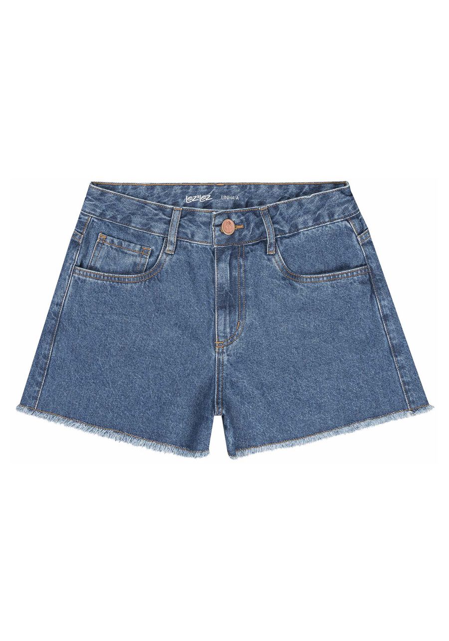 Shorts Jeans Linha A com Cintura Alta, JEANS ESCURO. Shorts Jeans Linha A com Cintura Alta, JEANS ESCURO, large.