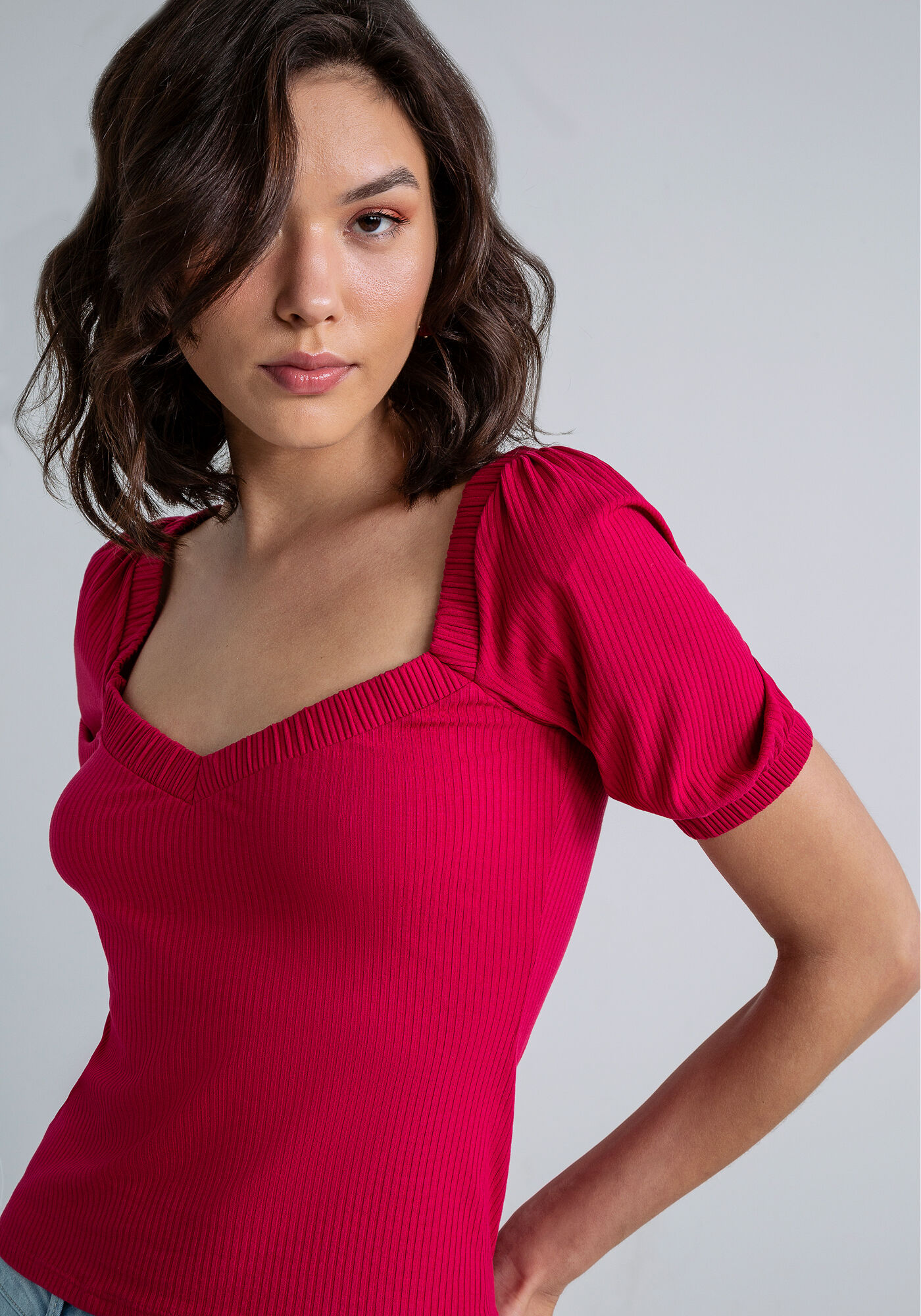 Blusa Manga Bufante Decote V, VERMELHO, large.