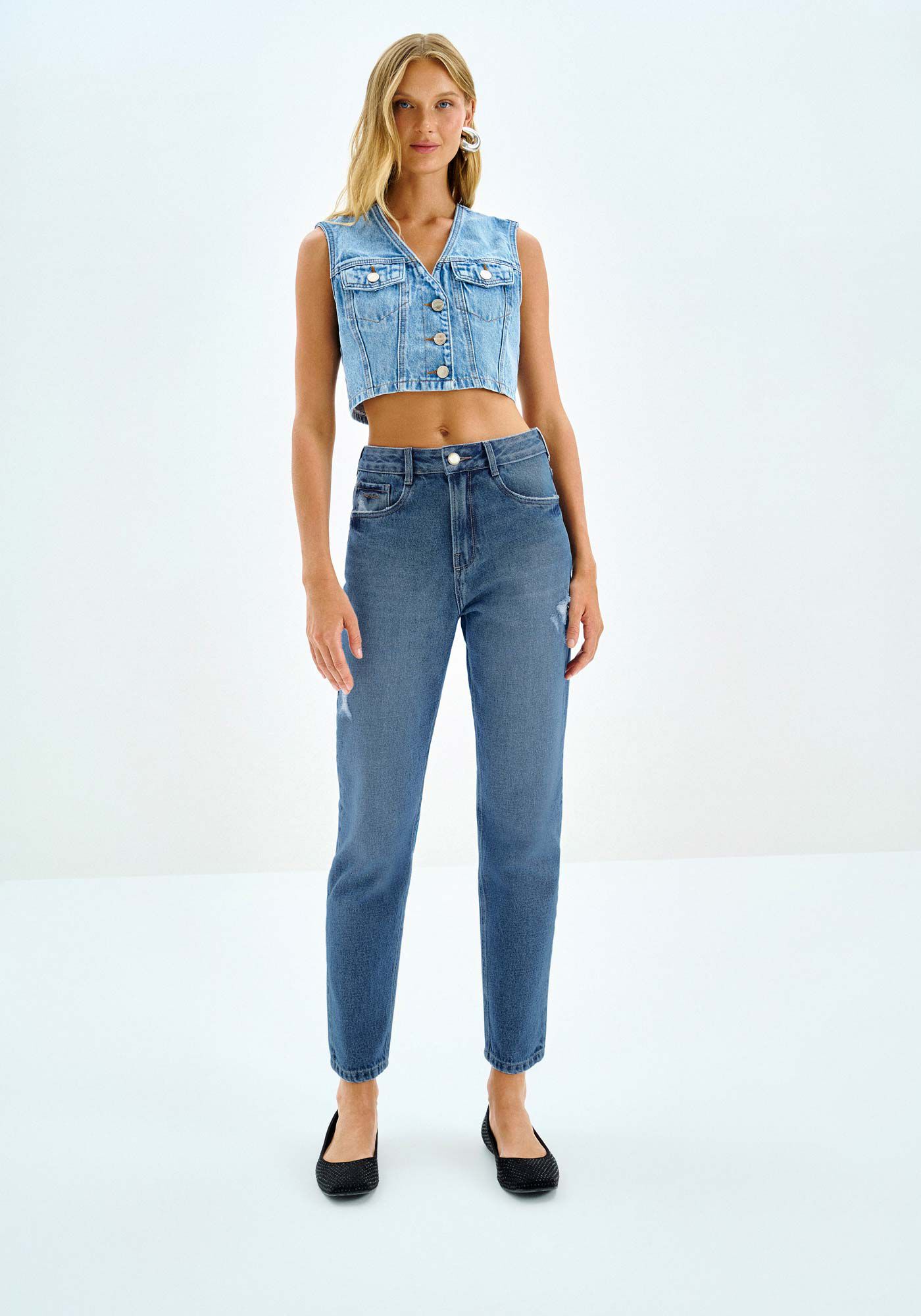 Cal&ccedil;a Jeans Mom Destroyed Cintura Alta, , large.