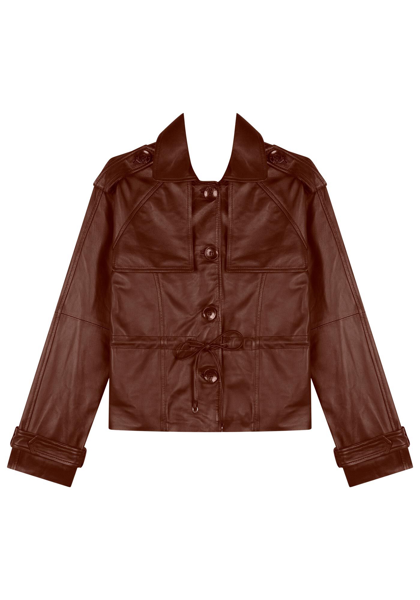 Jaqueta De Couro Com Bot&otilde;es E Amarra&ccedil;&atilde;o Frontal, MARROM CHOCOLATE, large.