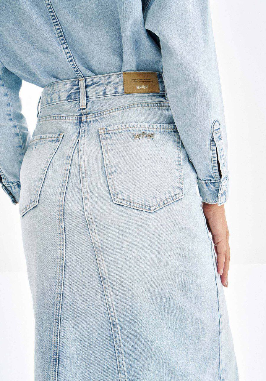 Saia Jeans Midi com Cós Assimétrico, JEANS. Saia Jeans Midi com Cós Assimétrico, JEANS, large.