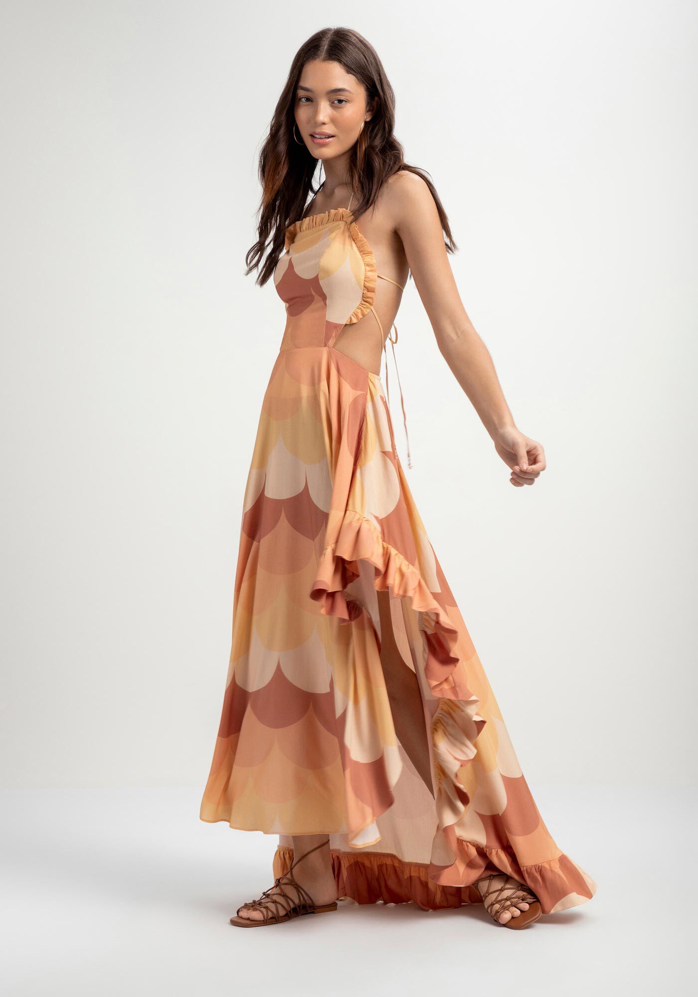 Vestido Longo Estampado em Viscose e Babados, ESCAMAS, large.