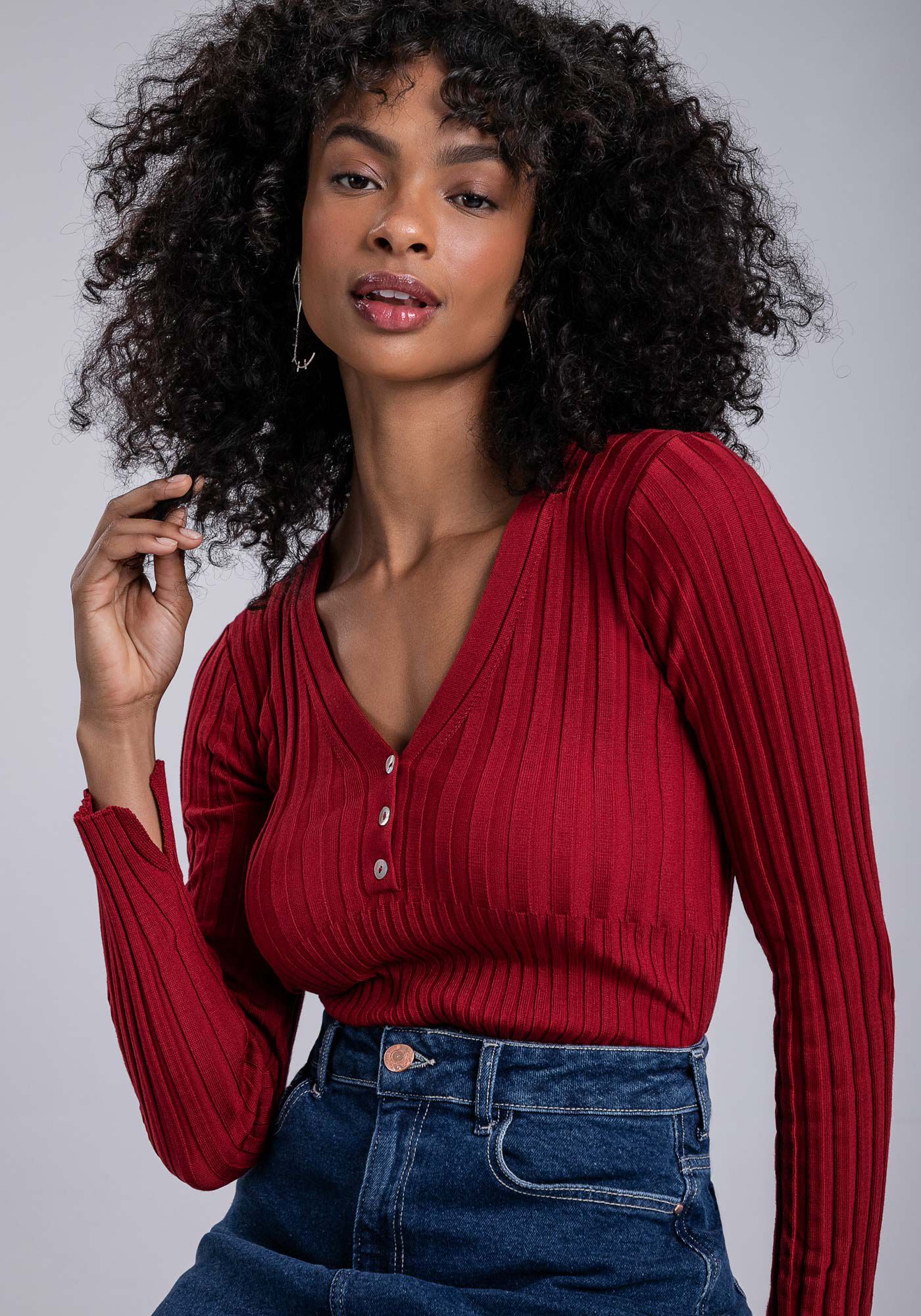 Blusa Manga Longa em Tricô com Botões | Lez a Lez