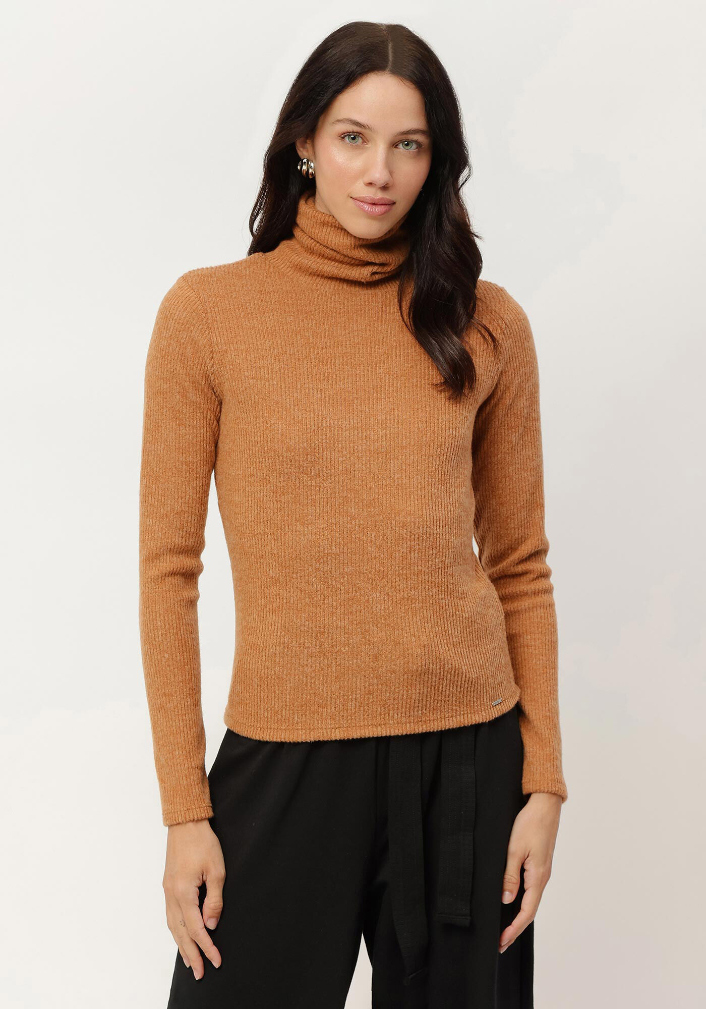 Blusa Manga Longa Canelada com Gola Alta, , large.