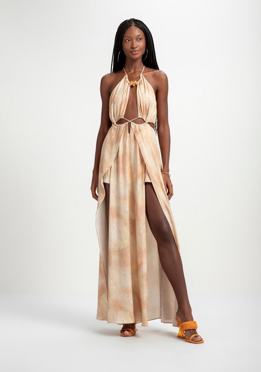 Vestido Longo em Crepe com Cut Out e Pedras, SIRENA. Vestido Longo em Crepe com Cut Out e Pedras, SIRENA, large.