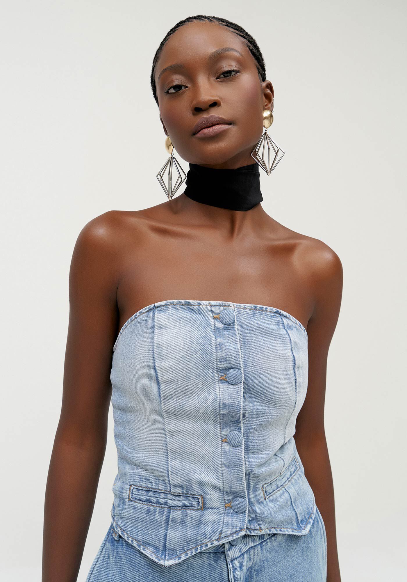 Blusa Jeans Corset Sem Al&ccedil;a, , large.