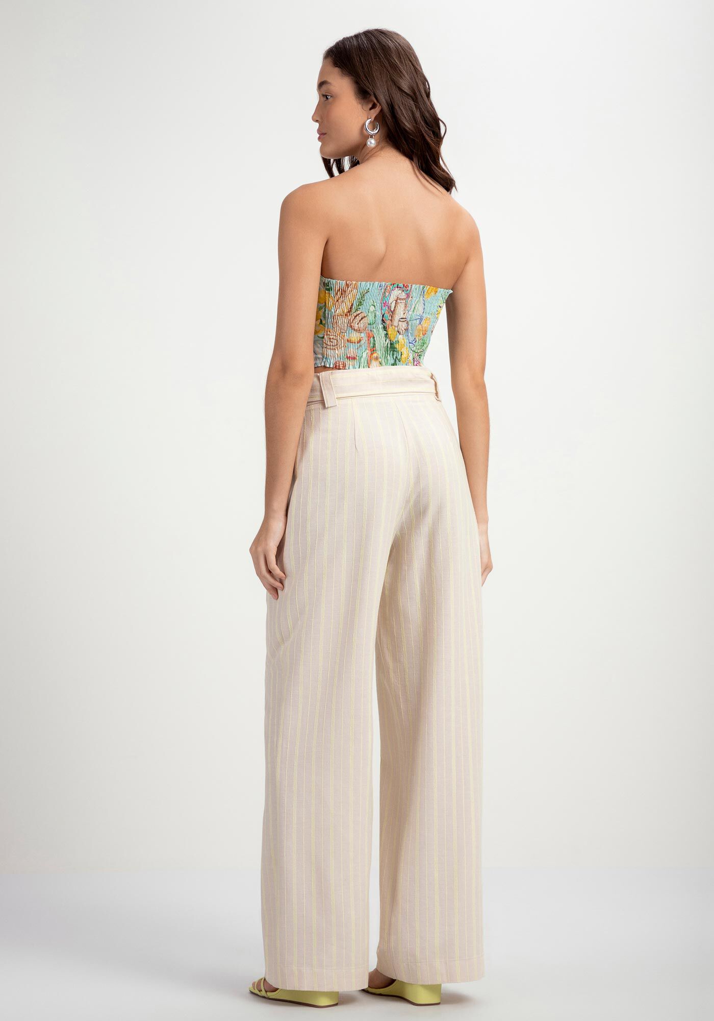 Cal&ccedil;a Reta Listrada com Pregas e Cinto, BRANCO OFF WHITE, large.