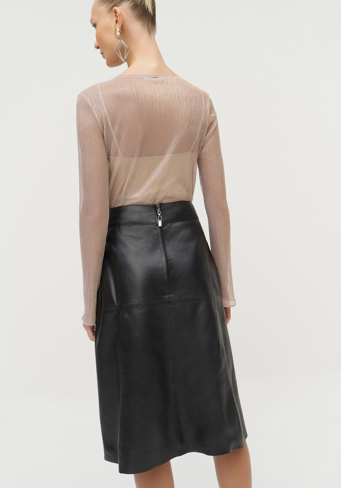 Saia Midi Evas&ecirc; em Couro com Cintura Alta, , large.
