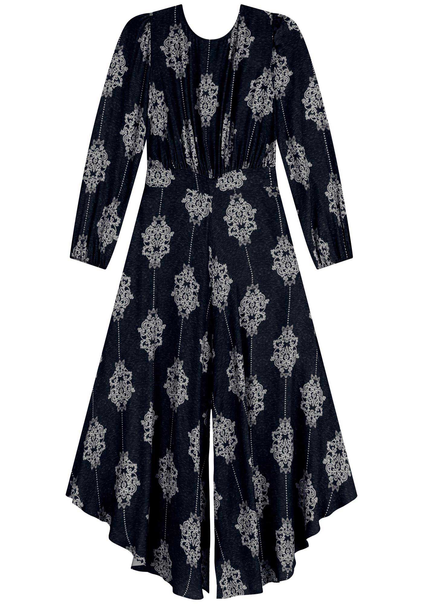 Vestido Estampado Assim&eacute;trico Com Mangas Longas E Amarra&ccedil;&atilde;o, , large.