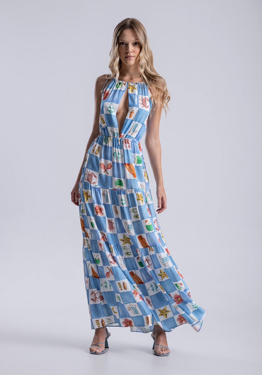 Vestido Longo Amarração com Recorte Busto, LITORAL. Vestido Longo Amarração com Recorte Busto, LITORAL, large.