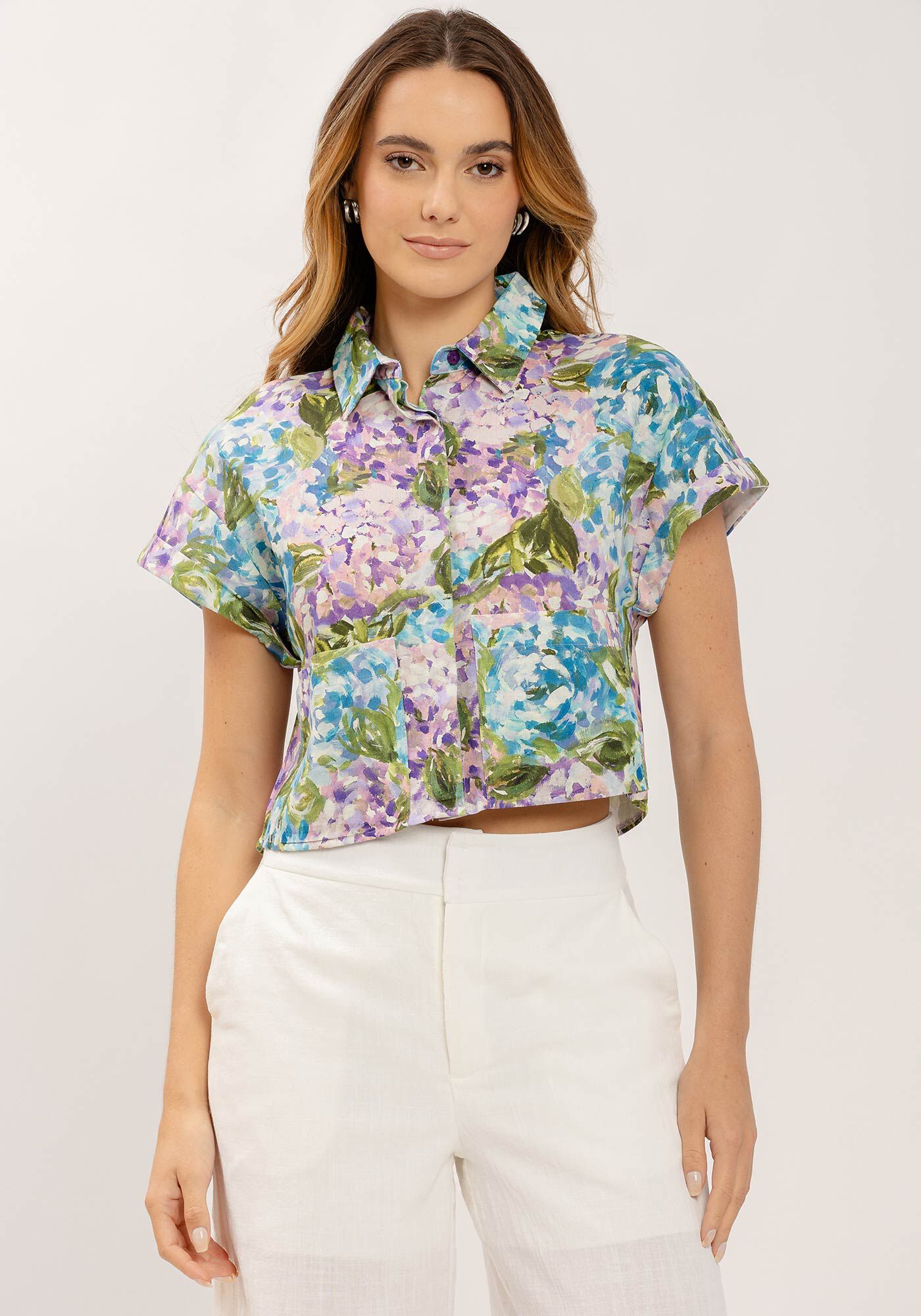 Camisa Manga Curta Cropped em Linho Estampada, , large.