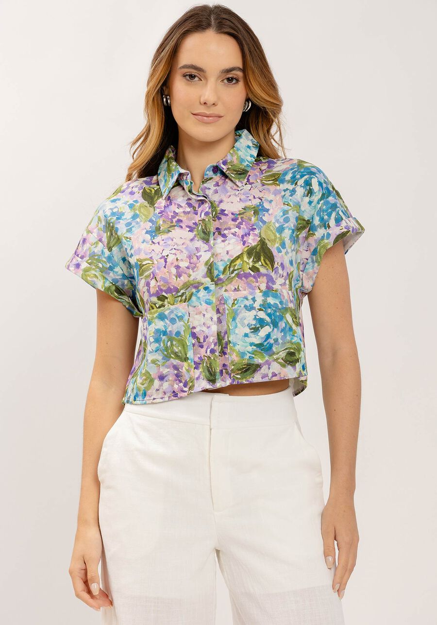 Camisa Manga Curta Cropped em Linho Estampada, . Camisa Manga Curta Cropped em Linho Estampada, , large.