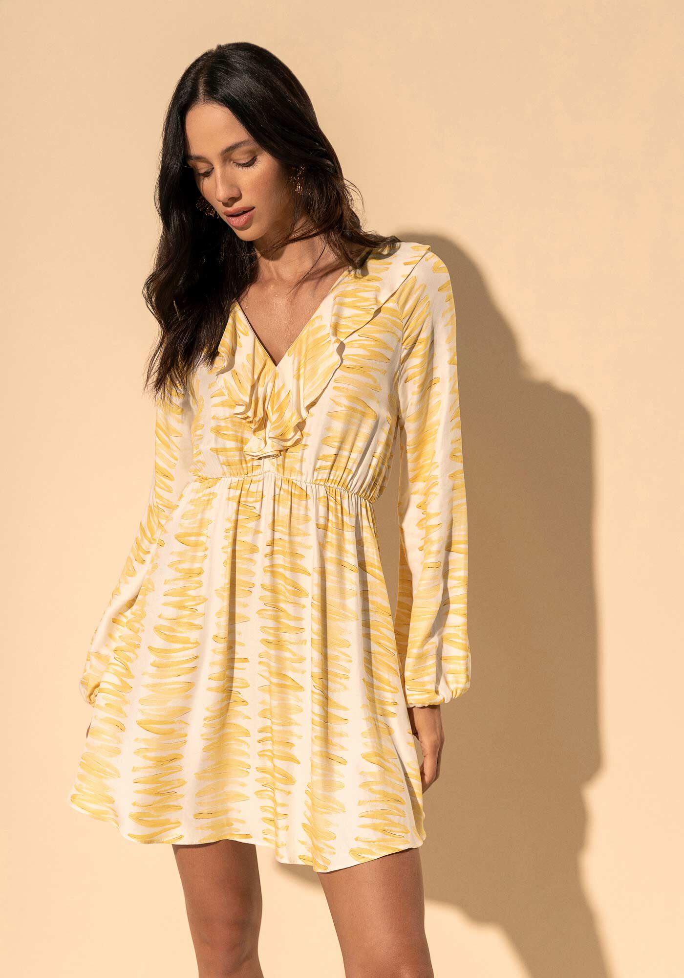 Vestido Curto Estampado De Mangas Longas Com Babados, PETALAS OFF, large.