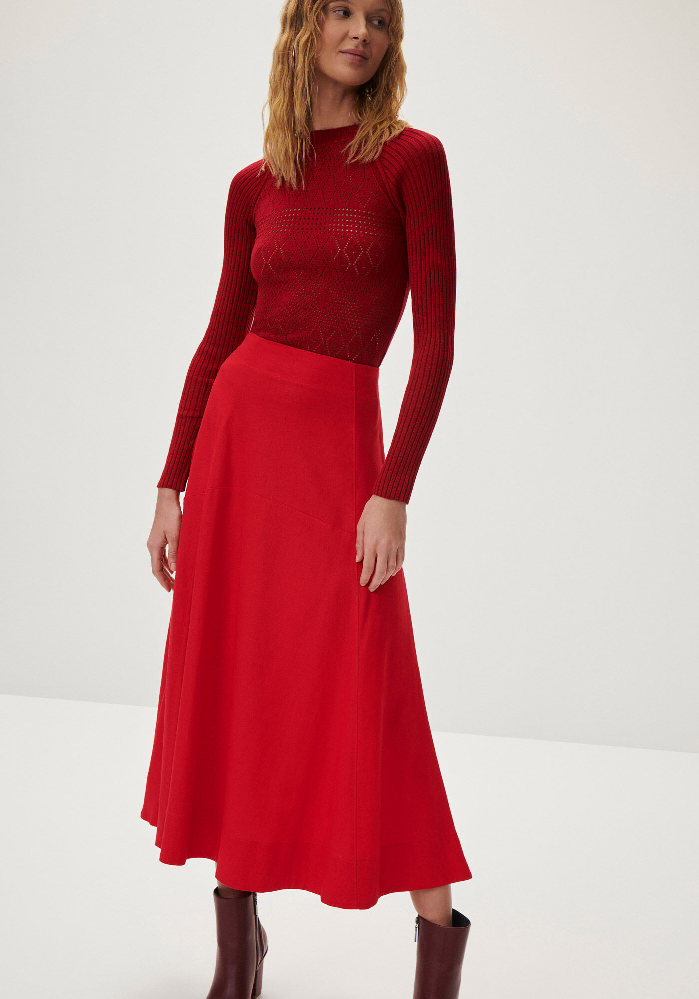 Saia Midi Evas&ecirc; em Linho com Cintura Alta, , large.