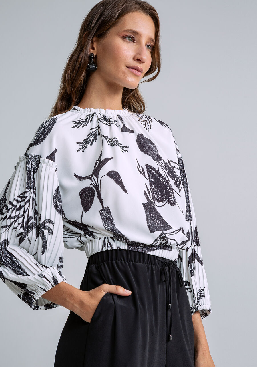 Blusa Manga 3/4 Franzido Decote, CONTRASTE. Blusa Manga 3/4 Franzido Decote, CONTRASTE, large.